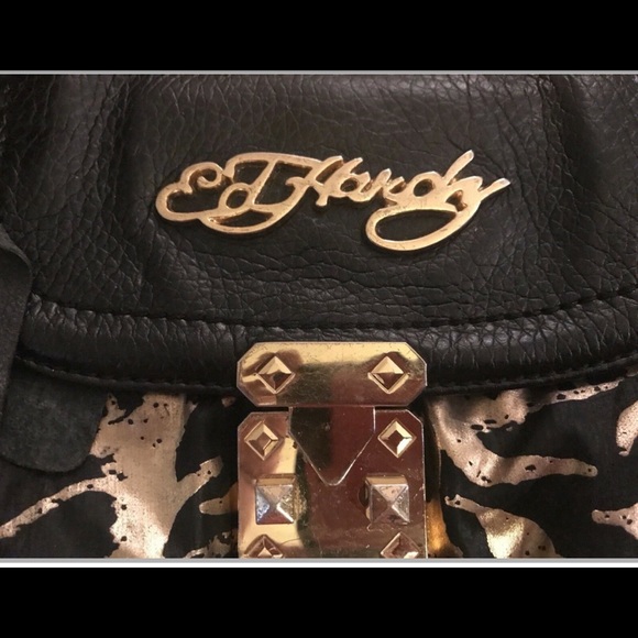 VERY CHIC Ed Hardy Christian Audigier Metallic Gold Black Tiger Purse Handbag - Picture 3 of 11